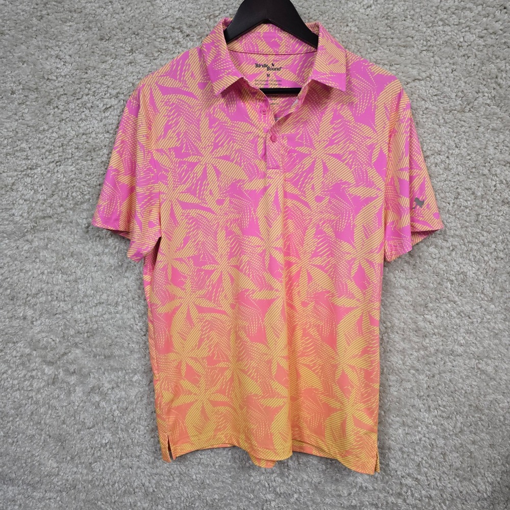 Birdie Bound Polo Shirt Mens M Pink Orange Palm Tree Tropical Golf Performance